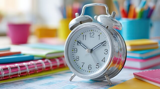 Desktop alarm clock with colorful school supplies and notebooks.
