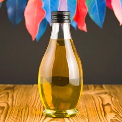 A glass bottle filled with golden liquid sits on a wooden surface with a dark background, multicolored leaves overhead