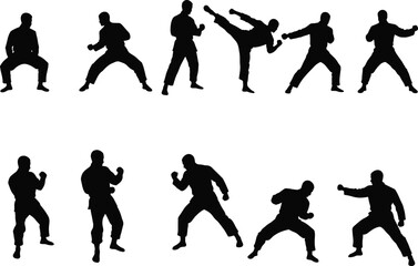 Martial arts silhouette collection of men fighting, kicking, and training in combat poses, karate, kung fu, taekwondo stances vector illustration