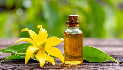 A glass bottle of amber liquid with a cork stopper sits beside a vibrant yellow flower and green leaves on a wooden surface with blurry green foliage in the background