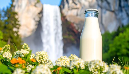 A glass bottle of a beige beverage stands amidst colorful wildflowers with a dramatic waterfall backdrop