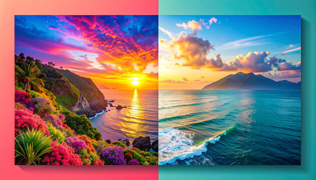 A square split-screen social media template with an image on one side and a solid colored block for text on the other.