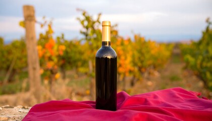 A glass bottle with golden cap stands on a red cloth, with vineyard in the background. Foliage and sunlight suggest a sunny, harvest-time scene