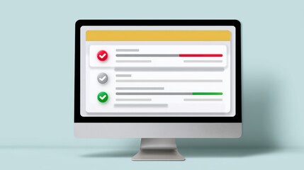 Digital healthcare checklist on computer screen showing task report with status icons. online form evaluation shows progress for compliance and successful results