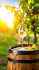 A glass is filled with white wine from a bottle held over a wooden barrel. A vineyard backdrop creates a scenic view