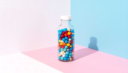 A glass jar filled with colorful round candies, set against a tri-color backdrop. The shadow adds depth