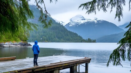 Person in blue jacket on wooden dock overlooking misty lake and mountains
