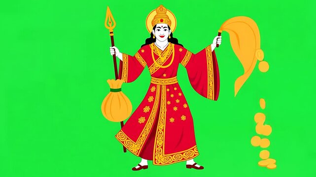 Indian Goddess of Wealth and Prosperity Illustration with Falling Gold Coins on Green Screen