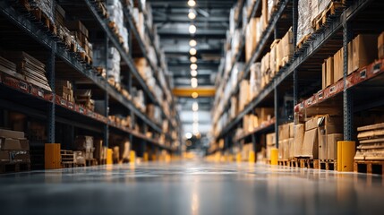 warehouse. Industrial warehouse interior with focused shelves, highlighting professional storage solutions. safety posters.