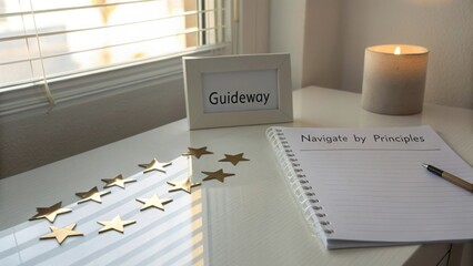 Still life of Guideway paper stars and a notebook on a table