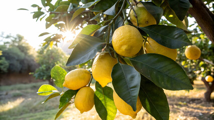 Lemons on tree branch in garden, Lemon hanging on tree in natural warm sunlight background ©  Blar Studio