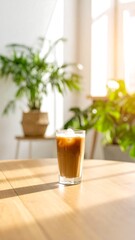 A glass of iced coffee sits on a wooden table. Sunlight streams through a window illuminating the drink and background. Plants are visible