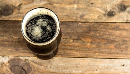 A glass of dark, foamy beverage sits on a weathered, wooden surface. Viewed from above, the drink's texture is evident