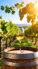 A glass of white wine sits atop a wooden barrel in a sun-drenched vineyard. Rows of grapevines lead towards a blurred, distant horizon
