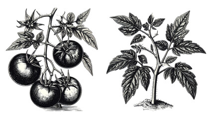 "Vintage Botanical Vector Illustration of Tomato Plant with Fruits and Leaves Isolated on White Background for Agriculture and Food Design"