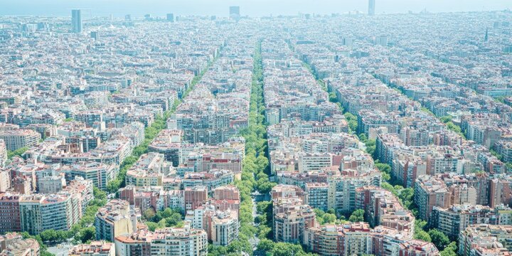 High-Quality Aerial View of Barcelona Eixample Cityscape Modern Urban Grid and Planned Growth for Premium Real Estate and Travel Marketing Content