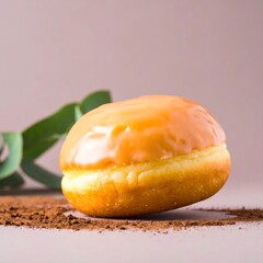A glazed, fluffy donut rests on a surface scattered with brown powder. A green eucalyptus branch provides a contrasting pop of color