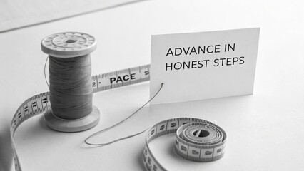 Thread spool with tape measure and message on white paper