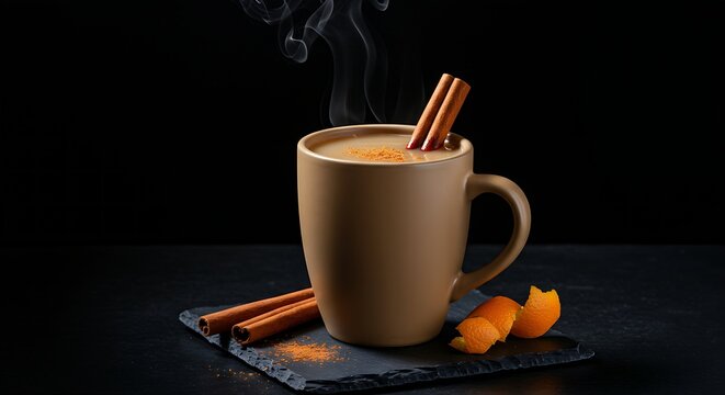 A ceramic mug of thick,rich Ecuadorian Canelazo garnished with a cinnamon stick,orange peel,positioned on a dark slate coaster,visible steam,subtle rim lighting against the absolute black backdrop