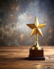 A gleaming gold star trophy stands tall on a wooden table against a mottled brown and gold background. It represents achievement