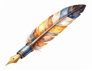 Watercolor Painting of Feather Pen with Blue Brown and Yellow Tones on White