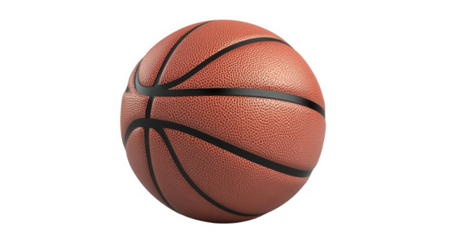 A close up shot of a textured brown basketball with black lines on a  transparent background in a studio shot