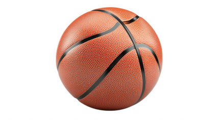 A close up shot of an orange basketball with black lines isolated on a  transparent background in studio light