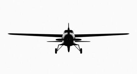 Fototapeta premium Front view of a silhouetted airplane with visible wings and landing gear against white background