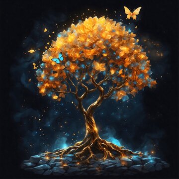 A radiant, vibrant tree, its leaves a tapestry of golden hues and ethereal blues, stands as a symbol of growth. A lone butterfly flutters near, a testament to the life-affirming energy of nature.