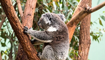 Obraz premium A koala, mostly gray with a white patch, clings to a tree branch. The animal is seen from the side, in a natural setting
