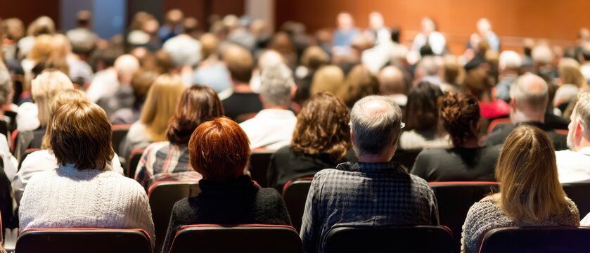 Professional Conference Attendees Seated in Large Modern Hall Authentic Business Gathering for Corporate Marketing and Social Media Campaigns