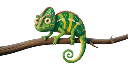 Obraz premium Whimsical cartoon chameleon perched on a tree branch, vibrant green