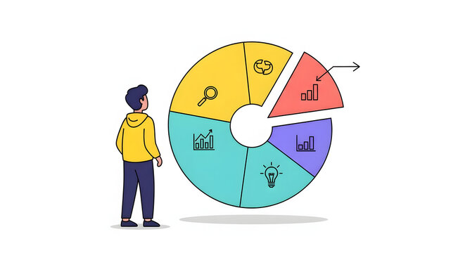 Person analyzing a detailed pie chart with various analytical icons, representing business strategy, data insights, problem-solving, and decision-making for growth and planning