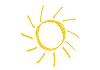 Hand-Drawn Yellow Sun Icon – Doodle Sunshine Symbol Isolated on White Background, Summer Warmth Vector Illustration