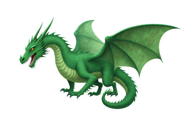 Obraz premium Fierce Green Dragon with Wings Spread on White Background
