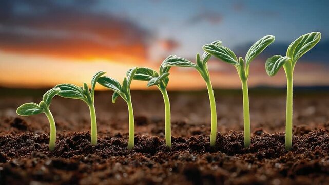 Growth's Progression: Six small plants emerge from fertile soil, showcasing the stages of growth under a vibrant sunset, symbolizing new beginnings and potential. 