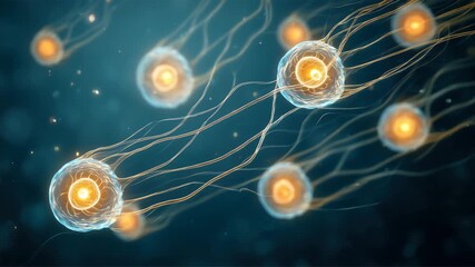 Phytoplankton cells with glowing centers and intricate filament connections float deep blue water, resembling neural structures microscopic biology