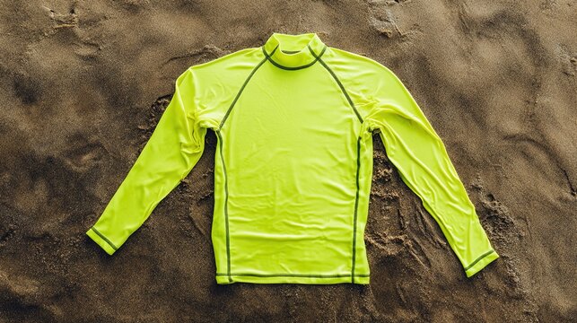 rashguard. Neon surf rashguard laid flat on wet sand, material stretched. lifestyle magazines, social media lookbooks, designed for lifestyle magazines and social media content.