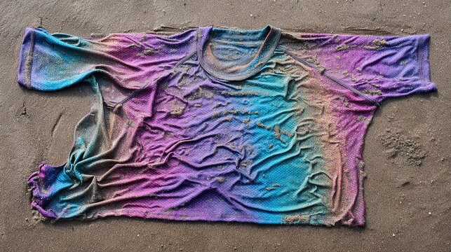 rashguard. Neon surf rashguard laid flat on wet sand, material stretched. lifestyle magazines, social media lookbooks, designed for lifestyle magazines and social media content.