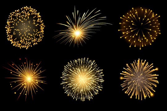 Golden Firework Burst Collection &ndash; Festive Celebration Pack, Set of Glowing Fireworks &ndash; Gold Sparkle Explosion Overlays, Festive Gold Firework Shapes &ndash; Variety Burst Pack on Black