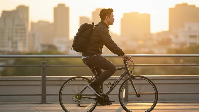 Man cycling against a warm cityscape backdrop during sunset, wearing backpack