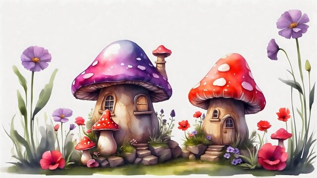 A whimsical portrayal of fairytale mushroom houses amidst a vibrant floral setting. A watercolor rendering, depicting the enchanting allure of a storybook setting, isolated on white background