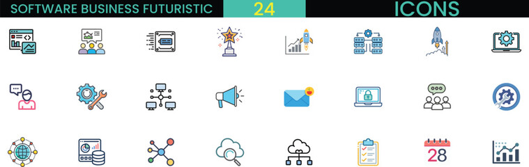 Futuristic software business icons set for digital technology and innovation concepts vector