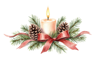 Watercolor Christmas candle with pine cones fir branches and ribbon
