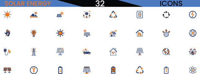 Collection of solar energy and renewable power icons for sustainable future vector