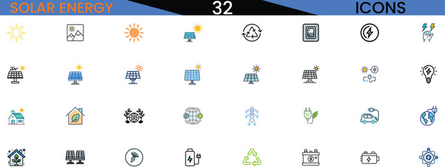 Collection of solar energy icons representing renewable power and sustainability vector