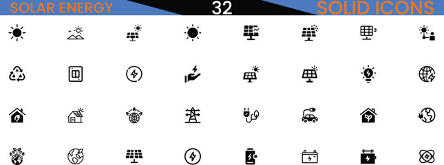 Solar energy icon set clean simple symbols renewable power technology environment vector