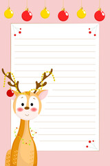 A festive lined letter template with a cute reindeer, colorful ornaments, and red berries on a pink background.