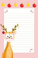 A festive lined letter template with a cute reindeer, colorful ornaments, and red berries on a pink background.