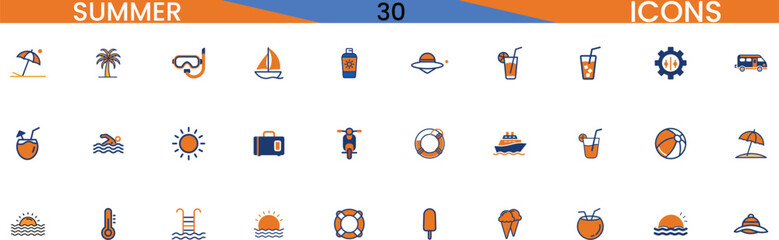 Set of summer icons featuring beach travel and recreation elements vector